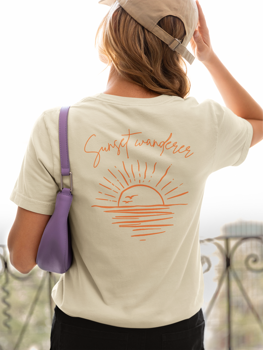 Sunset Wanderer Tee – Soft Pink Boho Beach Graphic Shirt