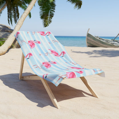 Quick-dry striped towel with pink flamingos and soft cotton backing