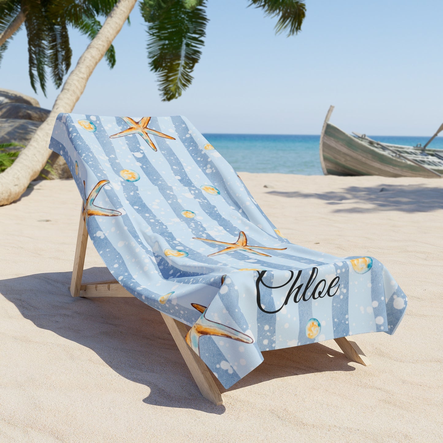 Personalized Starfish Beach Towel – Coastal Blue Stripes
