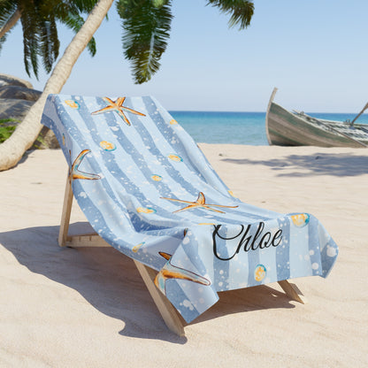 Personalized Starfish Beach Towel – Coastal Blue Stripes