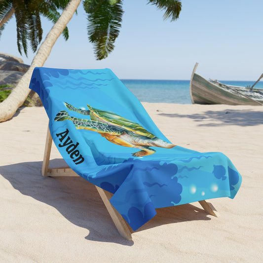 Personalized kids beach towel with name Ayden and sea turtle design