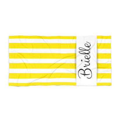 Personalized bachelorette party yellow beach towel, perfect for bridal gifts.