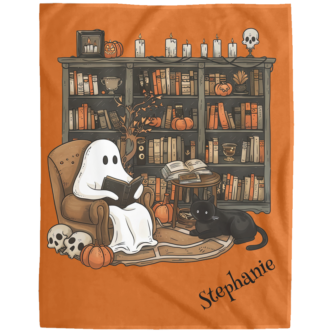 Ghost reading a book with a cat on an orange background, featuring the name 'Stephanie'.