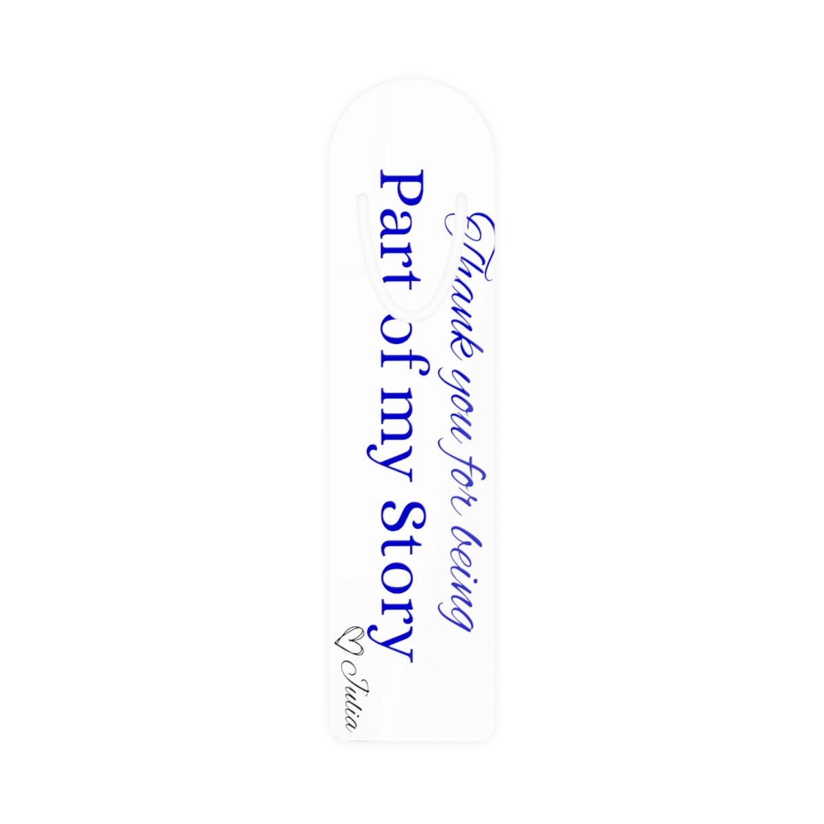 Personalized bookmark in a book with “Thank you for being part of my story