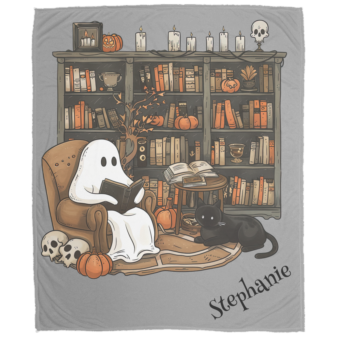 Blanket with ghost and cat reading a book in front of a bookshelf, featuring Halloween elements.