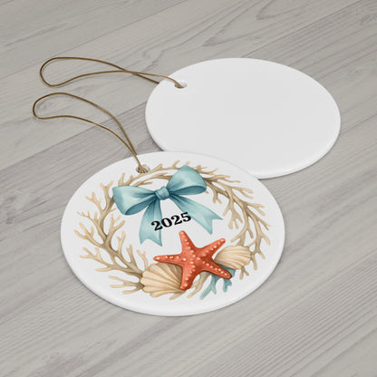 Coastal Christmas Ornament 2025 – Coral Wreath with Starfish and Seashells