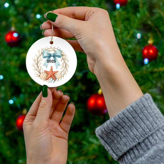 Coastal Christmas Ornament 2025 – Coral Wreath with Starfish and Seashells
