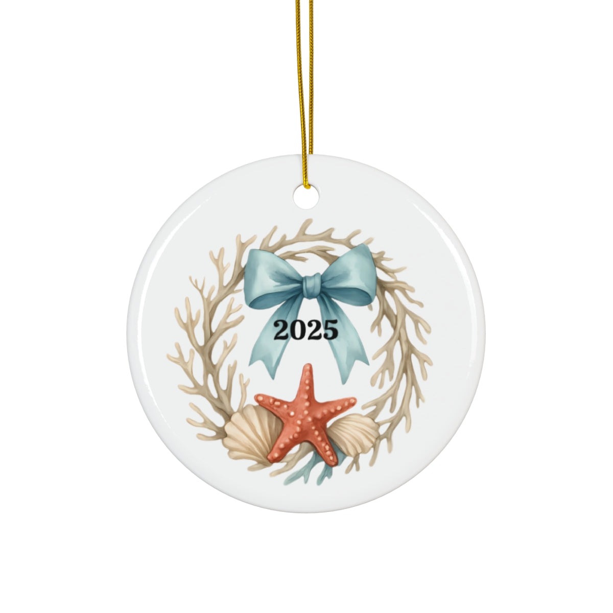 Coastal Christmas Ornament 2025 – Coral Wreath with Starfish and Seashells