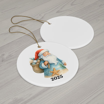 Coastal Santa Ornament 2025 – Beach Christmas Ceramic Ornament with Seashells and Starfish