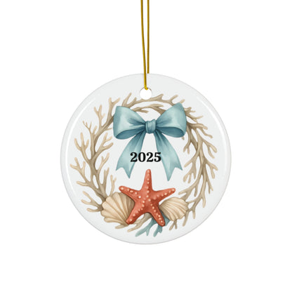 Coastal Christmas Ornament 2025 – Coral Wreath with Starfish and Seashells