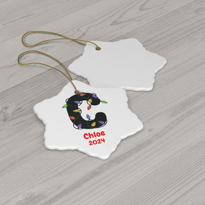 Christmas| Monogram Ceramic Christmas Ornament – Custom Initial with Christmas Lights, Name & Year