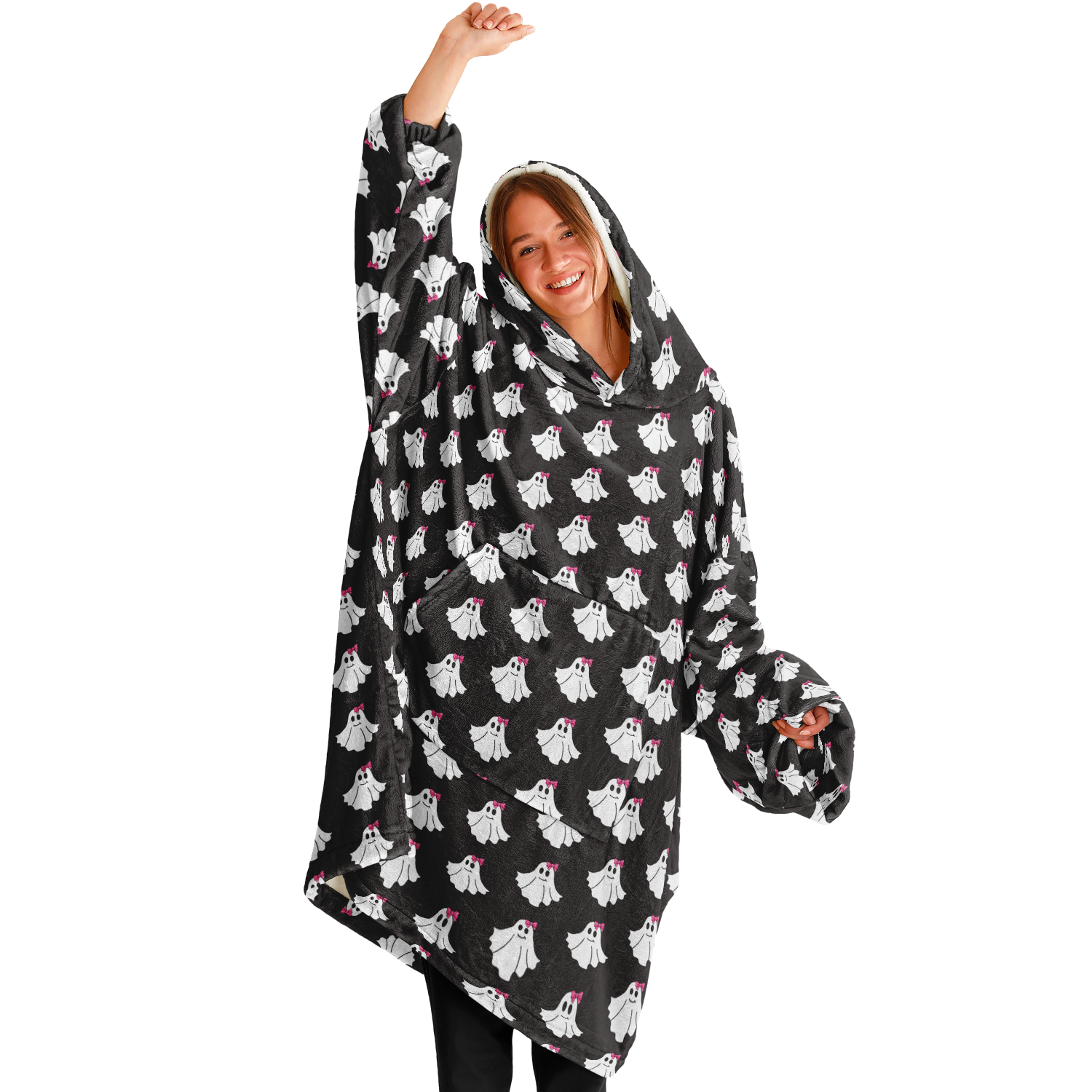 Person wearing a black hoodie with ghost patterns on a white background