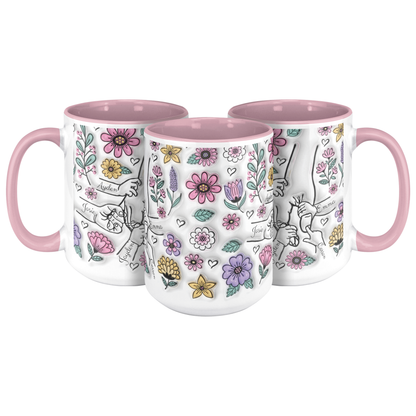 Custom coffee mug for mom with hand and child fingers linked, name design