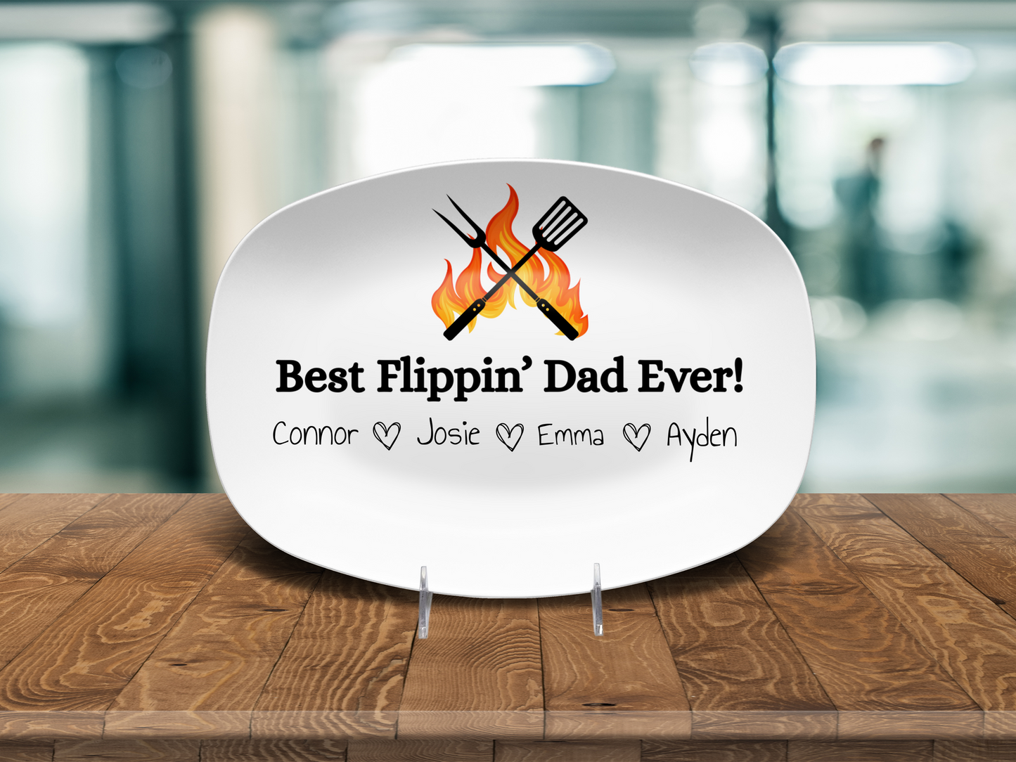 Custom Father’s Day grill plate with flame and spatula design