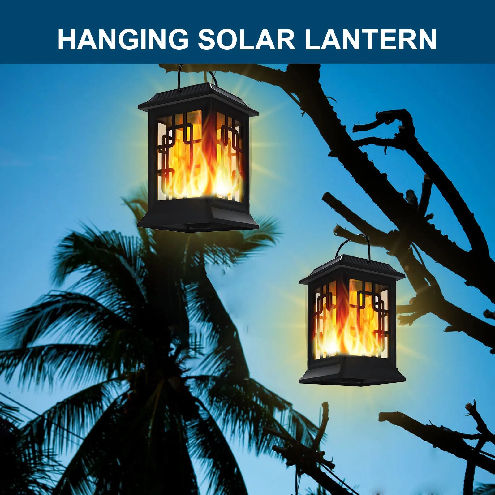 2Pcs Solar Lanterns Outdoor Waterproof Flickering Flame Solar Lantern LED Hanging Lanterns Decorative Lights for Garden