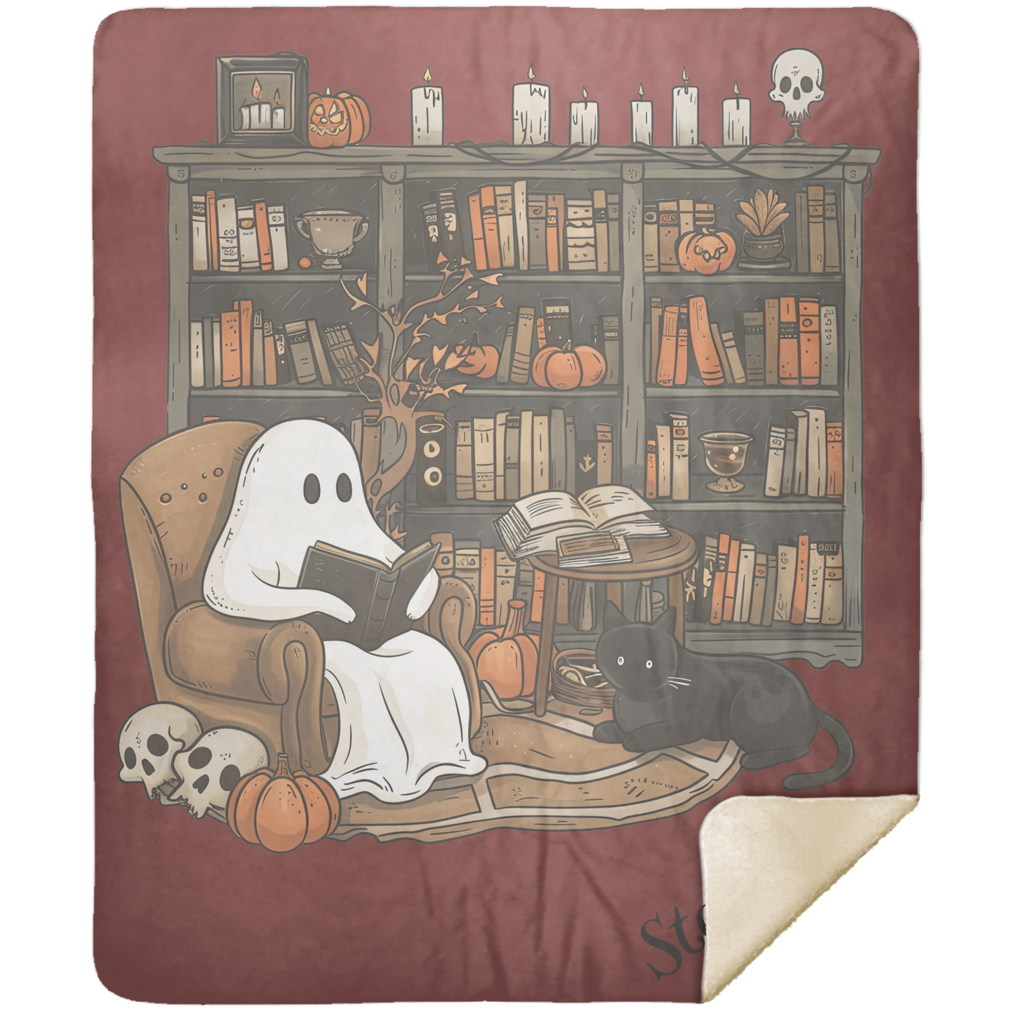 Ghost reading a book with a cat on a cozy blanket with a Halloween-themed design.
