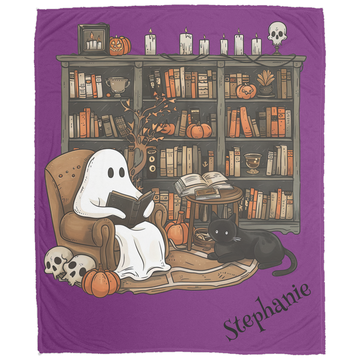 Halloween-themed blanket with a ghost reading a book and a black cat, set against a bookshelf background.