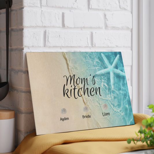 Personalized Beach-Themed Tempered Glass Cutting Board – “Mom’s Kitchen”