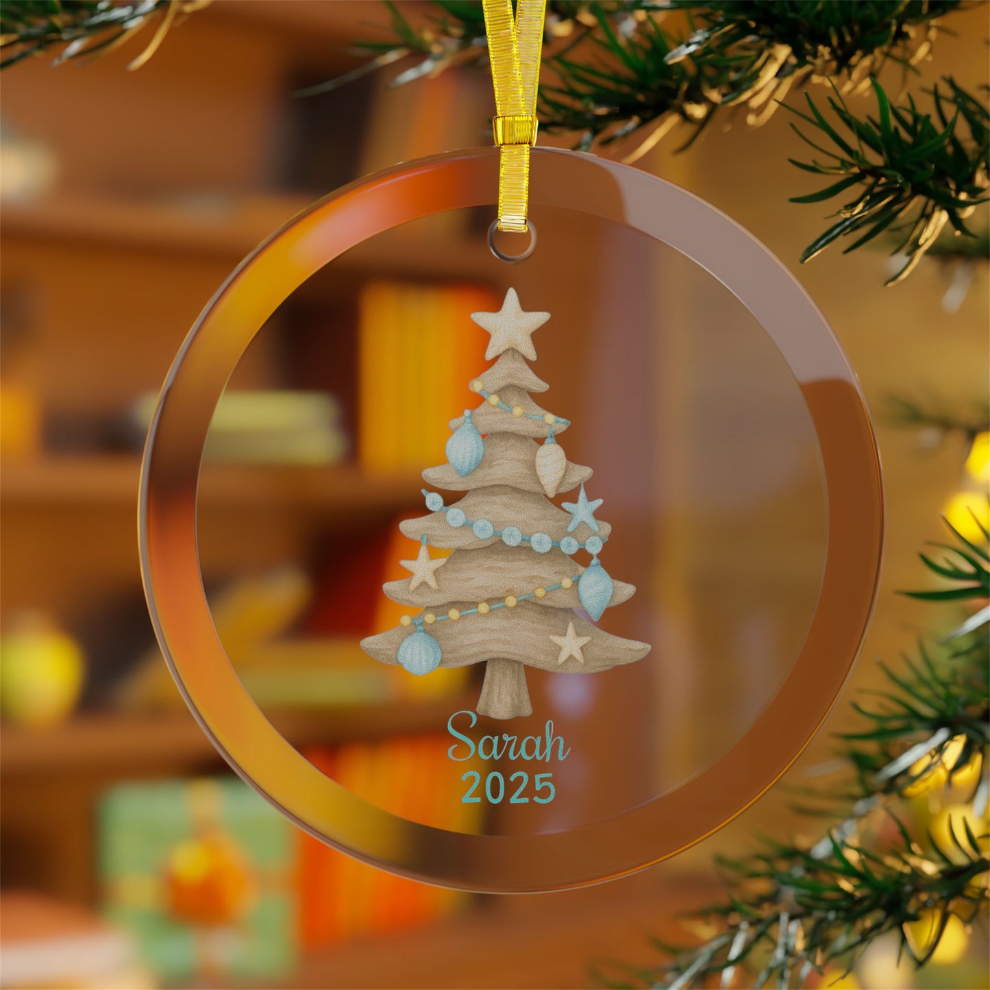 Personalized Coastal Christmas Tree Ornament | Beach Sand Tree Ceramic Keepsake