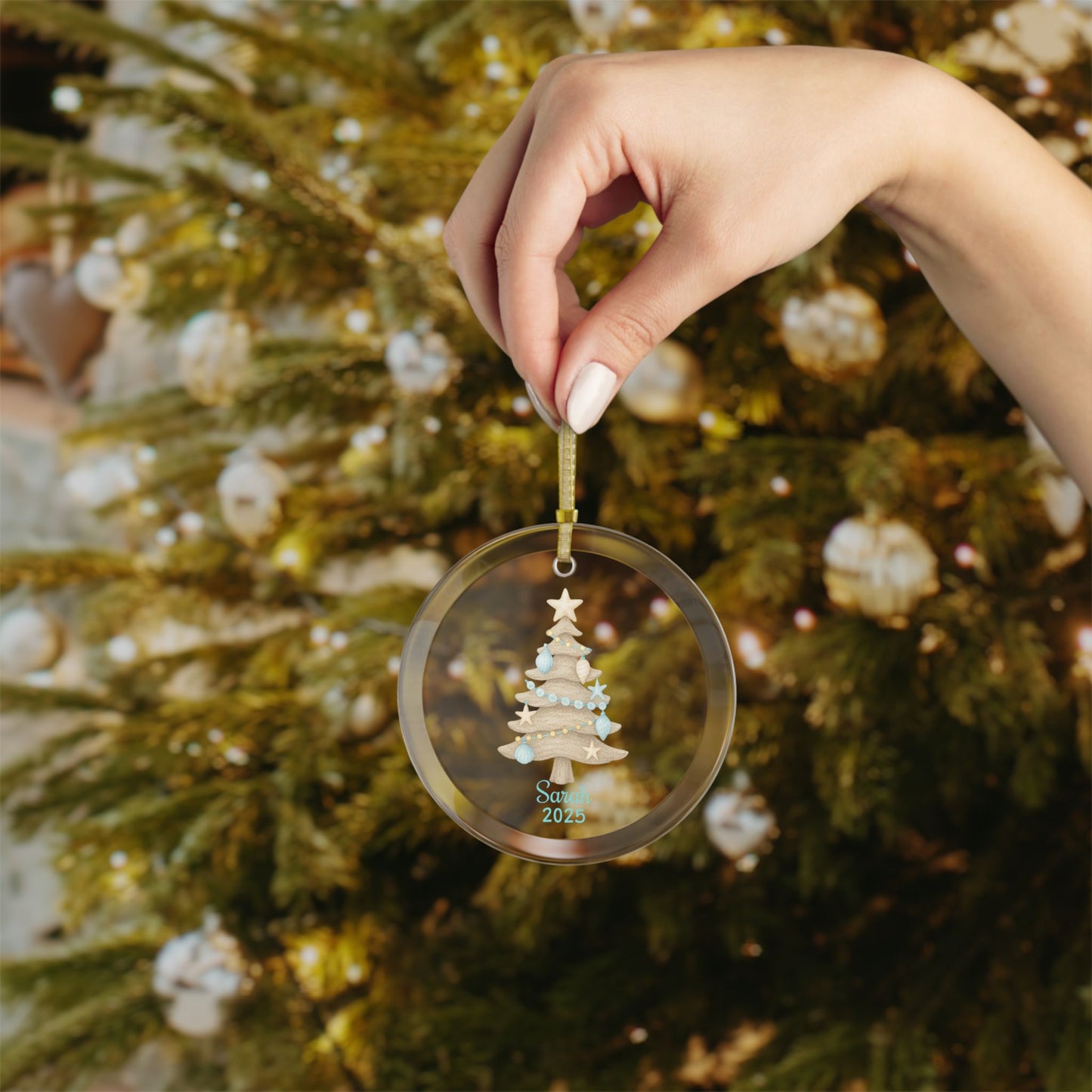 Personalized Coastal Christmas Tree Ornament | Beach Sand Tree Ceramic Keepsake