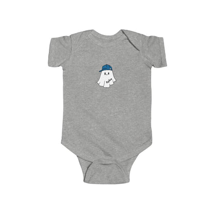 Gray baby onesie with a ghost design wearing a blue cap on a white background