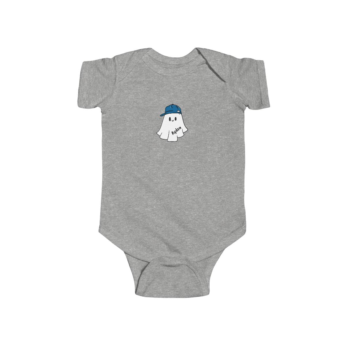 Gray baby onesie with a ghost design wearing a blue cap on a white background