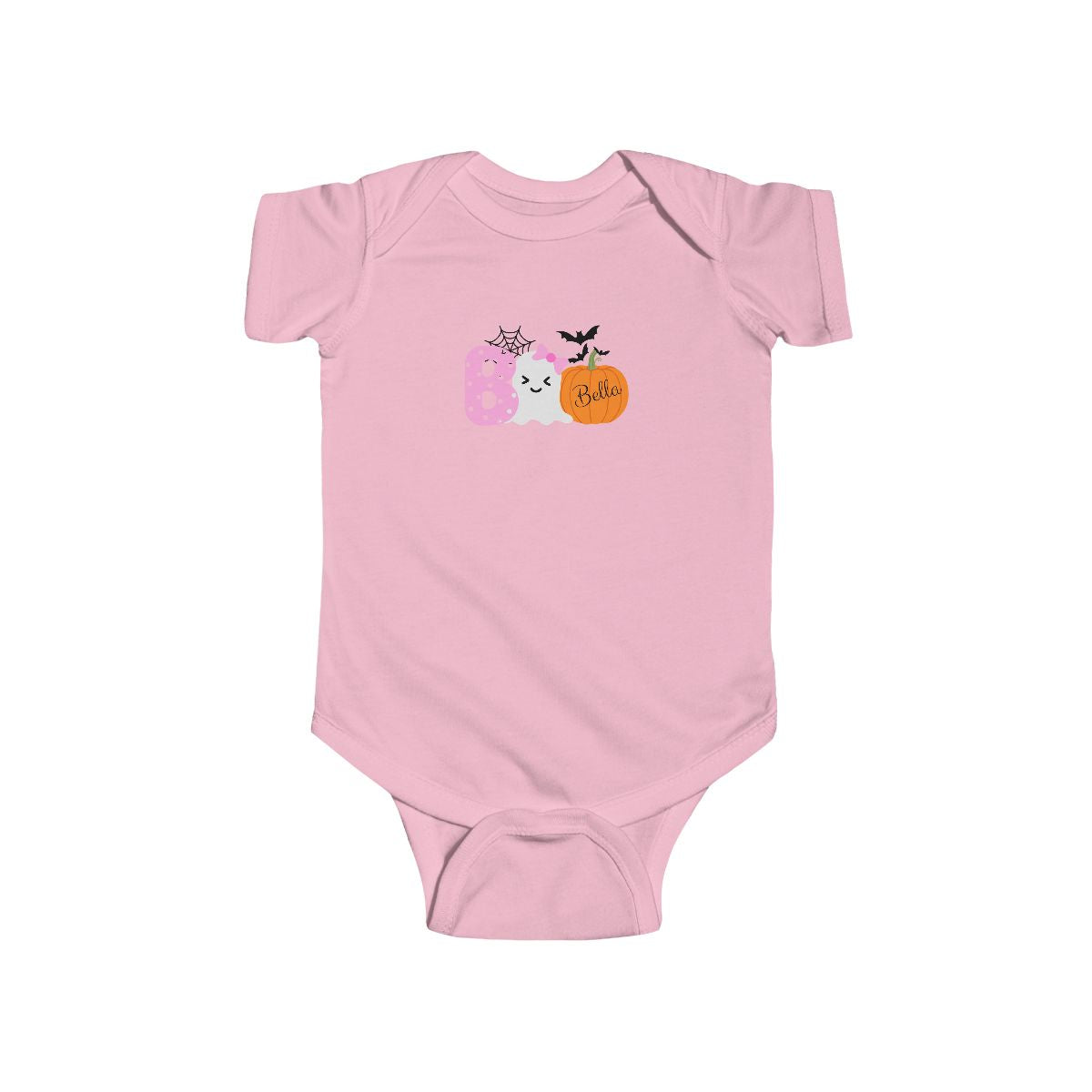 Pink baby onesie with a Halloween-themed design on a white background