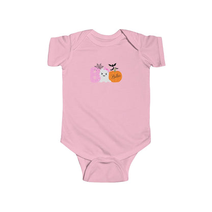 Pink baby onesie with a Halloween-themed design on a white background