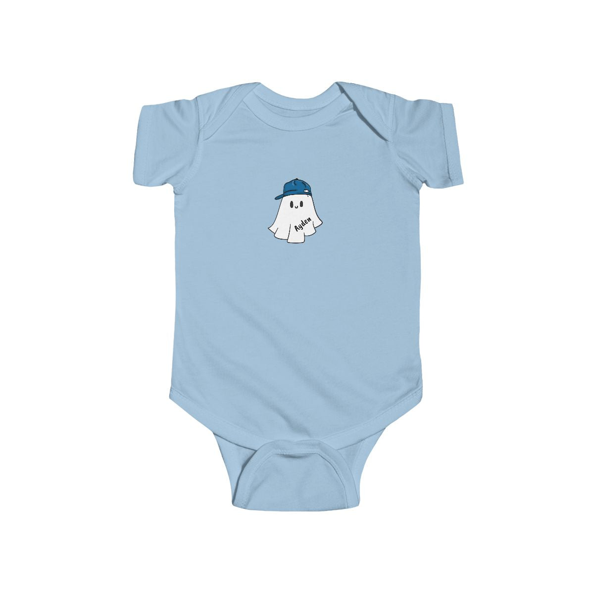 Light blue baby onesie with a ghost design and blue cap on a white background