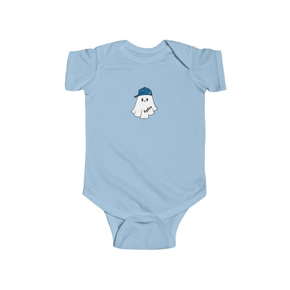 Light blue baby onesie with a ghost design and blue cap on a white background