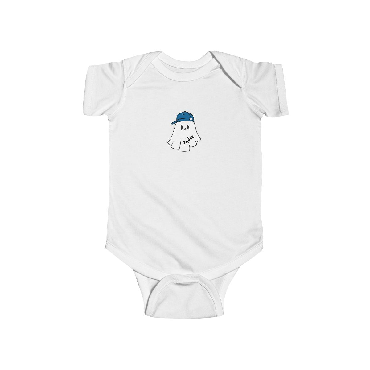 White baby onesie with ghost design and blue cap on a white background