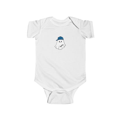 White baby onesie with ghost design and blue cap on a white background