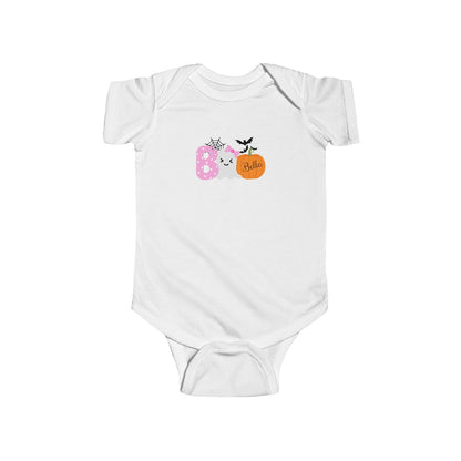 White baby onesie with Halloween-themed design on a white background