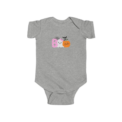 Gray baby onesie with a Halloween-themed design on a white background