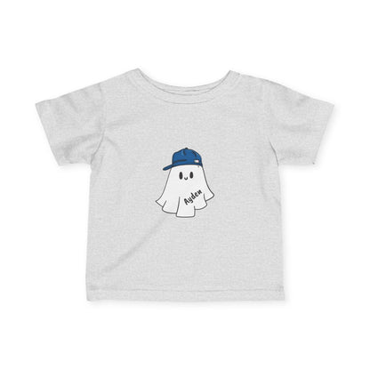 Gray t-shirt with a ghost wearing a blue cap graphic on a white background