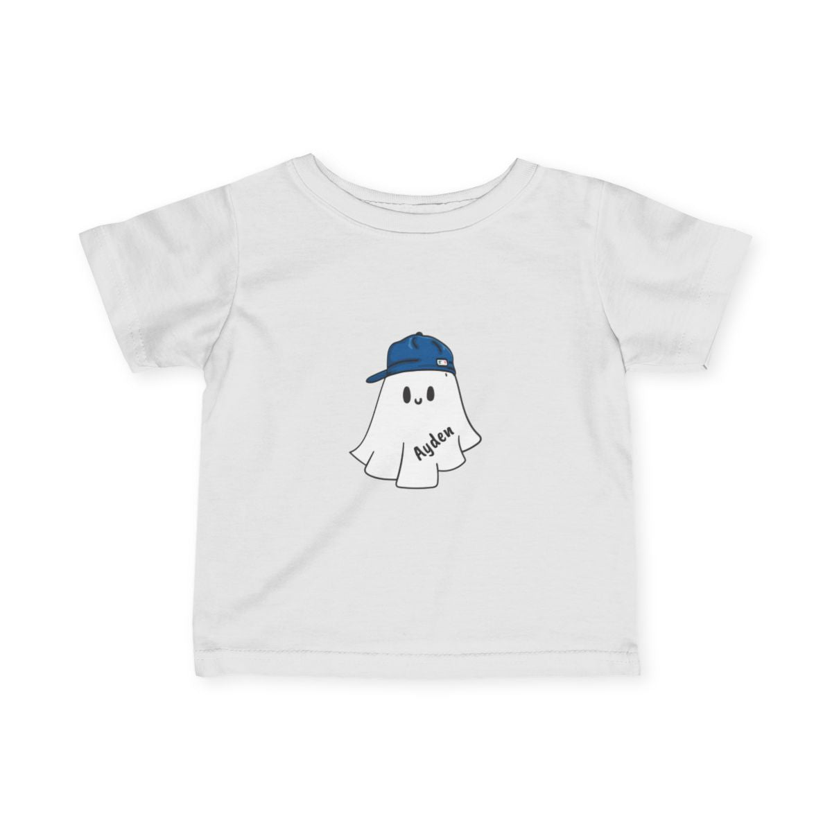 White t-shirt with a ghost wearing a blue cap and the name 'Ayden' on a white background