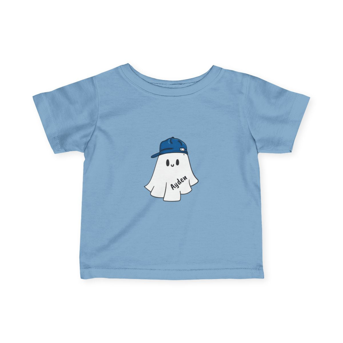 Light blue t-shirt with a ghost wearing a blue cap graphic on a white background
