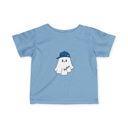 Light blue t-shirt with a ghost wearing a blue cap graphic on a white background