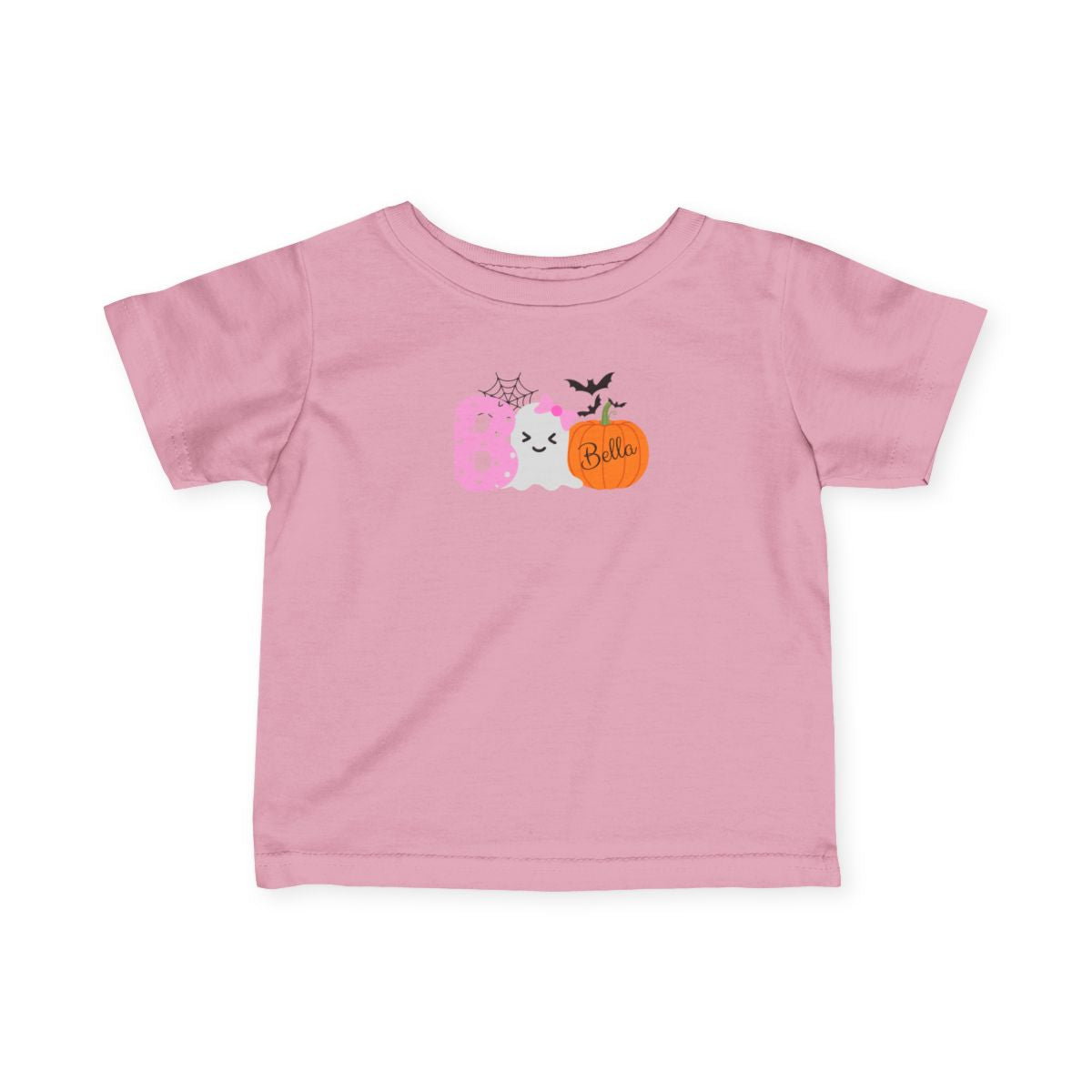Pink t-shirt with a Halloween-themed design on a white background
