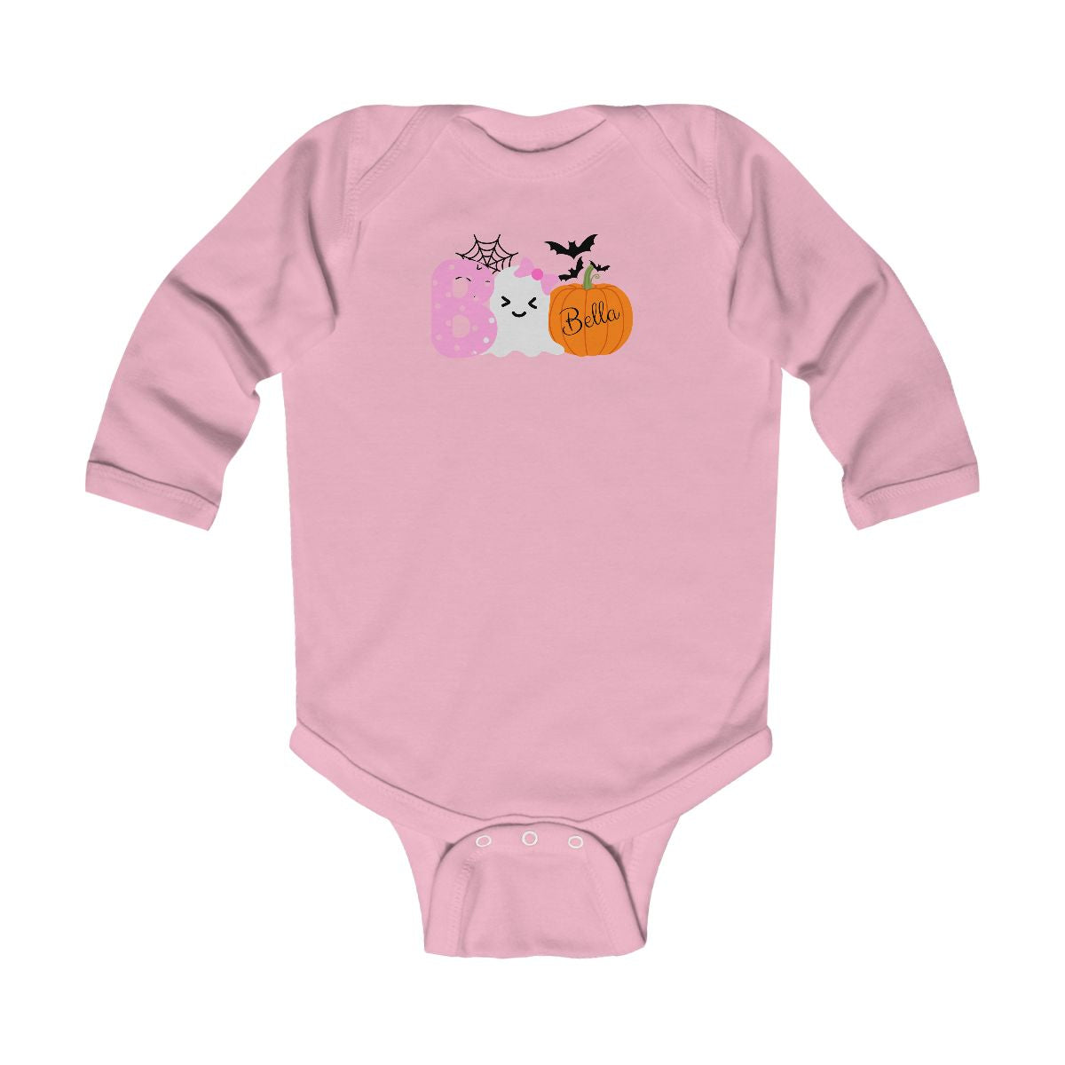 Pink baby onesie with Halloween-themed design on a white background