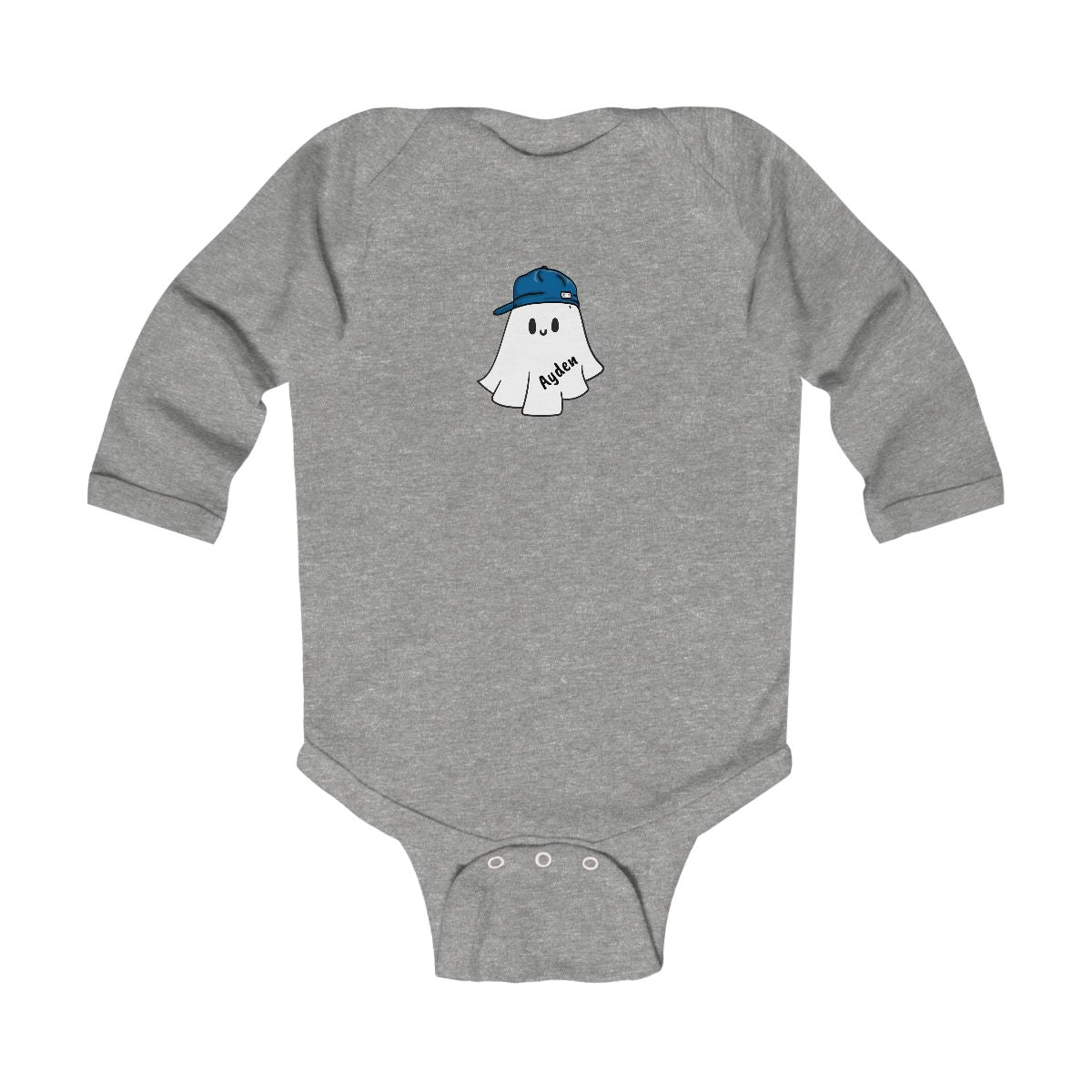 Gray baby onesie with a ghost wearing a blue cap graphic on a white background
