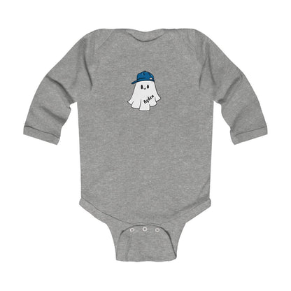 Gray baby onesie with a ghost wearing a blue cap graphic on a white background