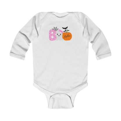 White baby onesie with Halloween-themed design on a white background