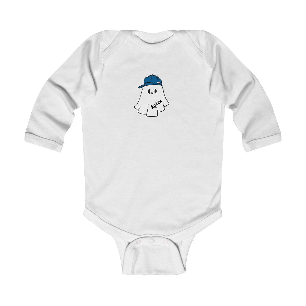 White baby onesie with a ghost wearing a blue cap design on a white background