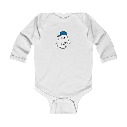 White baby onesie with a ghost wearing a blue cap design on a white background