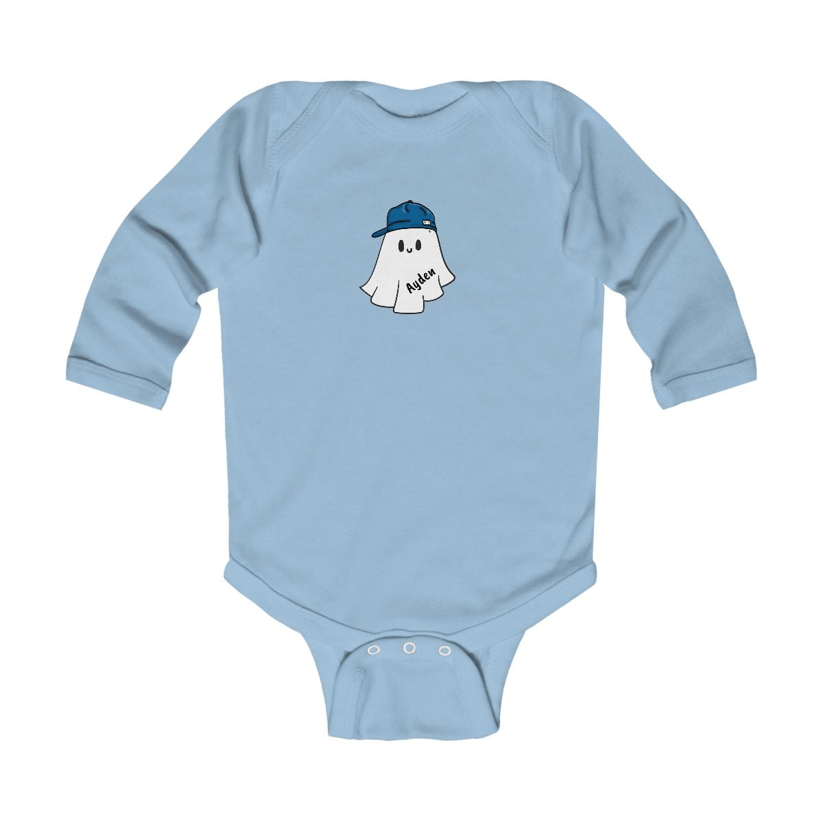 Light blue baby onesie with a ghost wearing a cap graphic on a white background