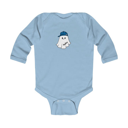 Light blue baby onesie with a ghost wearing a cap graphic on a white background
