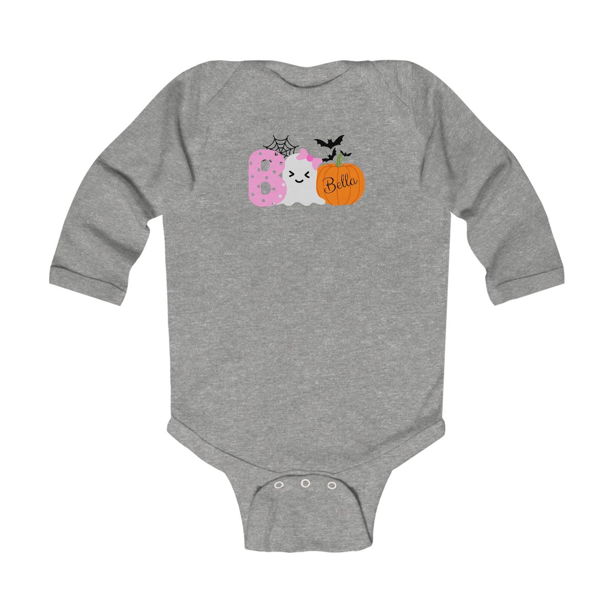 Gray baby onesie with Halloween-themed design on a white background