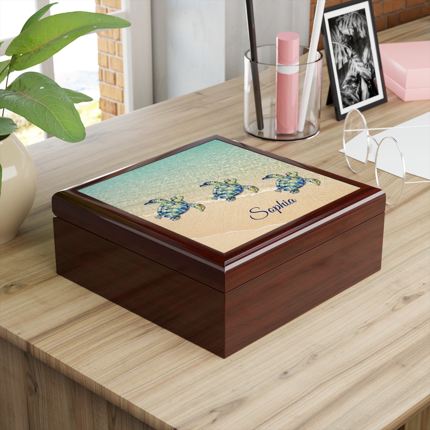 Personalized Sea Turtle Beach Jewelry Box