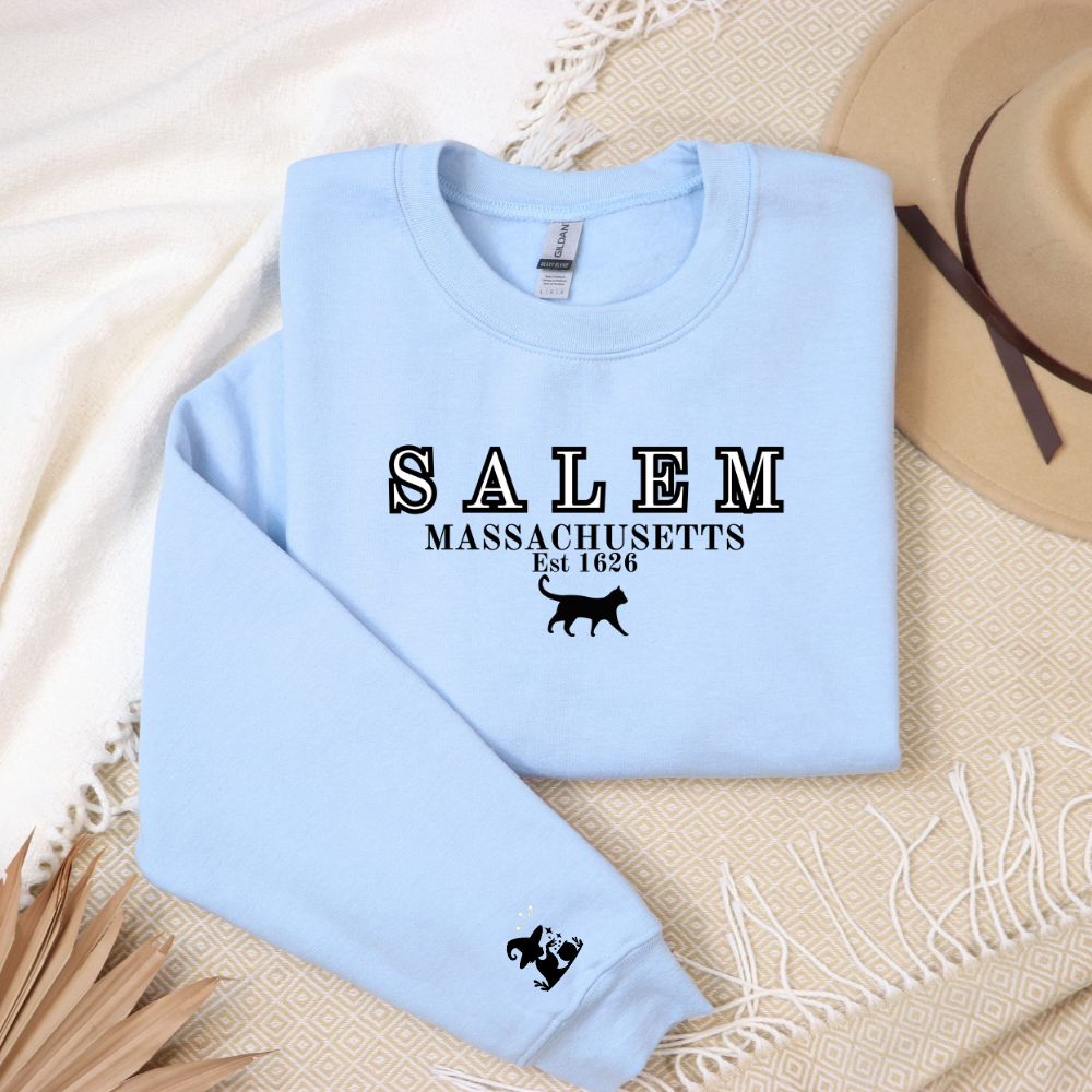 Halloween| Salem, Massachusetts Est. 1629 Halloween Sweatshirt - Custom Design with Witch & Black Cat
